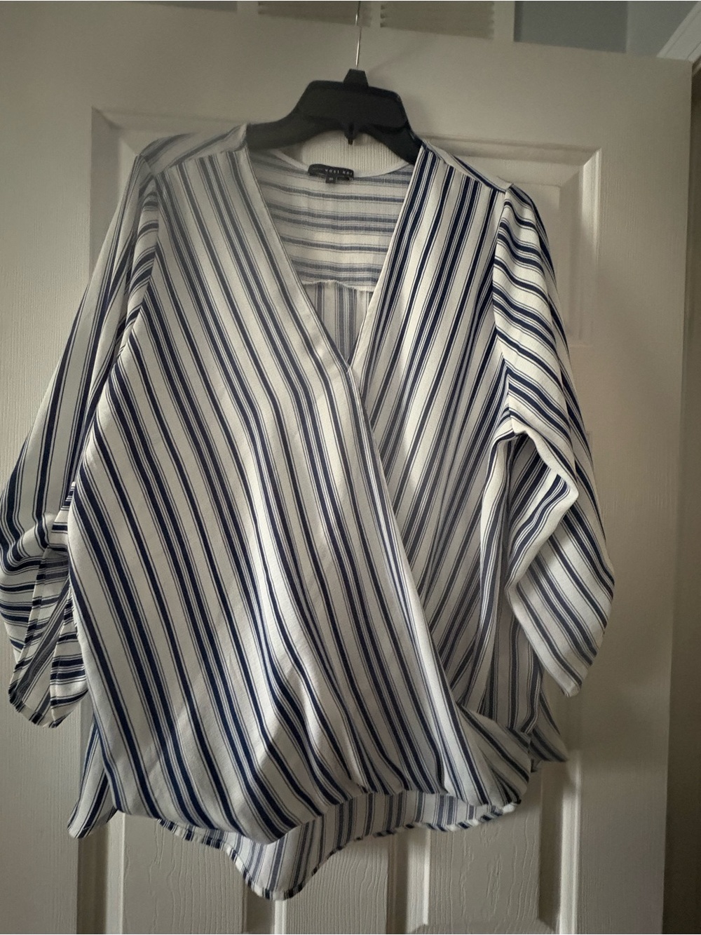 West Kei Striped V-Neck Wrap Blouse - White & Navy size XL